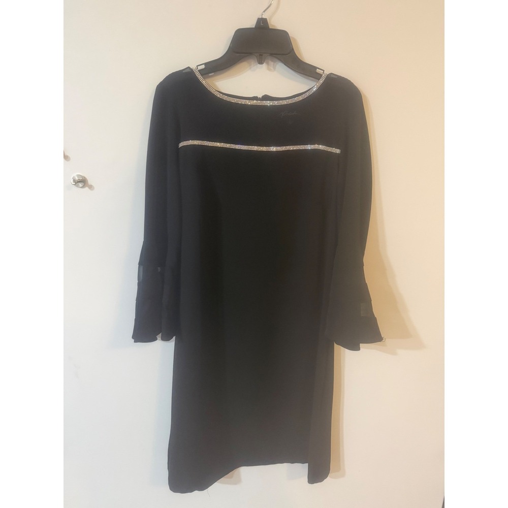 Prelude Black Rhinestone Trim Bell Sleeve Shift Dress Small Cocktail Evening